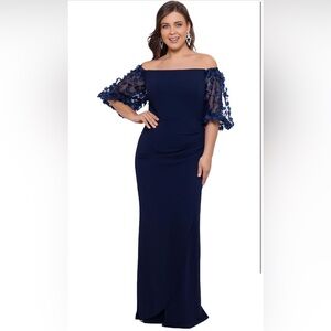 Xscape Women's Plus Size Long Illusion Sleeve Off The Shoulder Dress